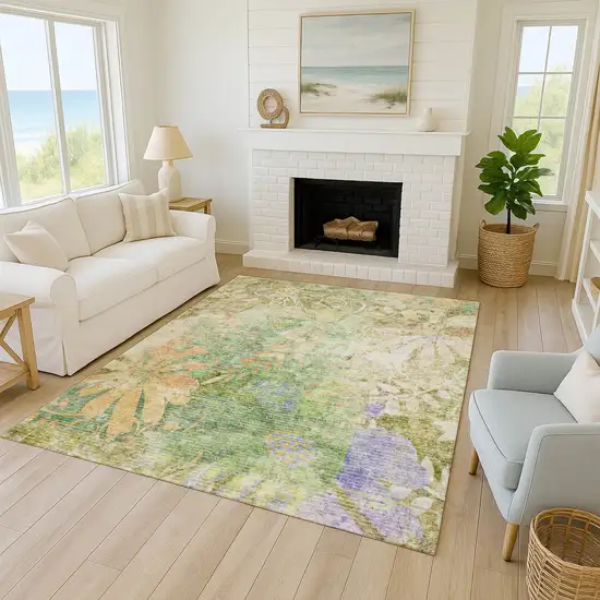 Green And Ivory Floral Washable Indoor Outdoor Area Rug Photo 8