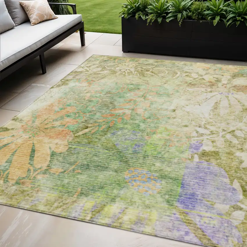 Green And Ivory Floral Washable Indoor Outdoor Area Rug Photo 1