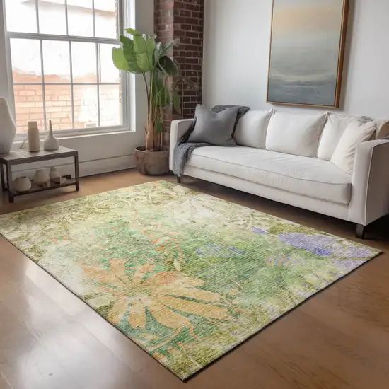 Green And Ivory Floral Washable Indoor Outdoor Area Rug Photo 9