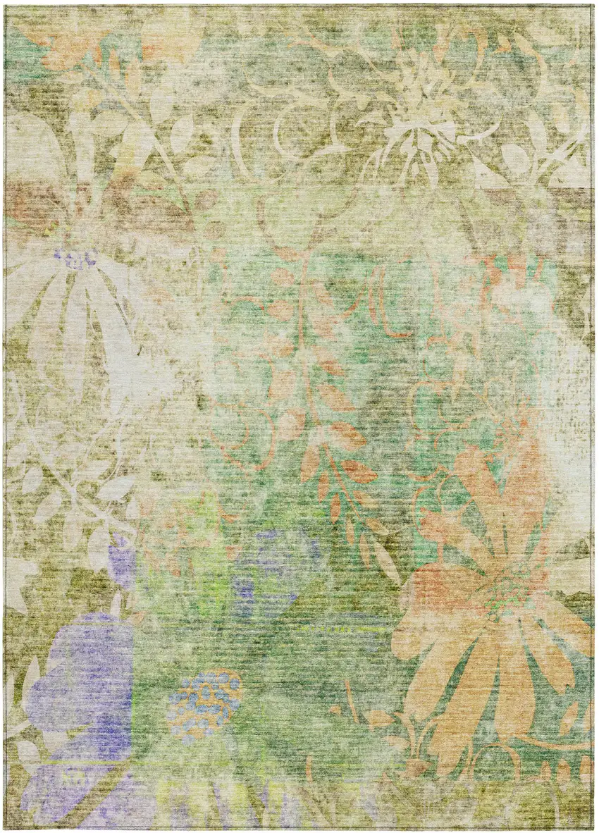 Green And Ivory Floral Washable Indoor Outdoor Area Rug Photo 4