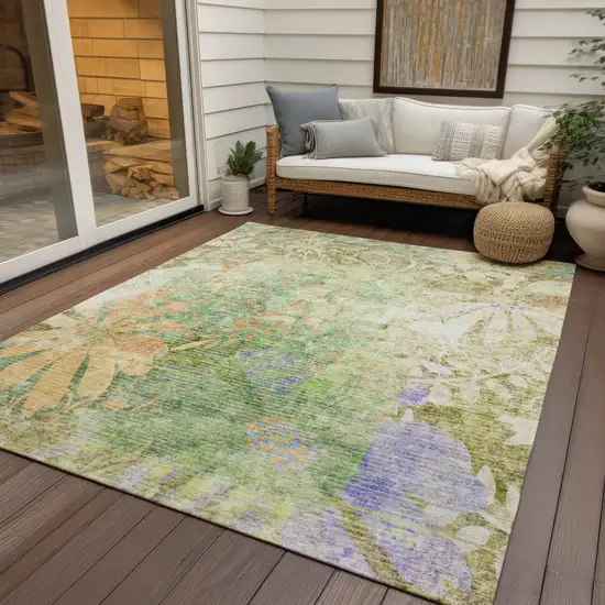 Green And Ivory Floral Washable Indoor Outdoor Area Rug Photo 9