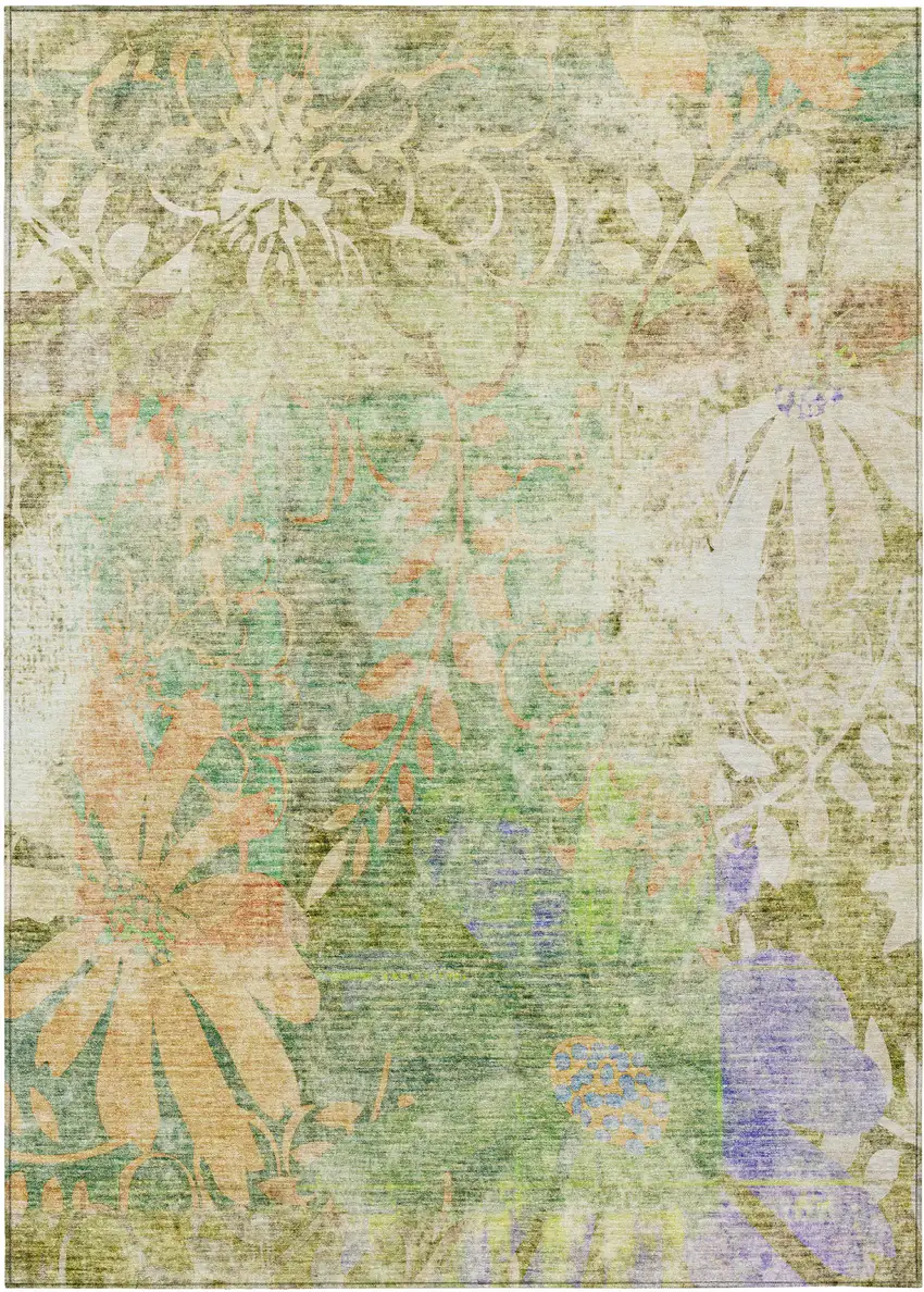 Green And Ivory Floral Washable Indoor Outdoor Area Rug Photo 2