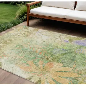 Photo of Green And Ivory Floral Washable Indoor Outdoor Area Rug