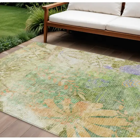 Green And Ivory Floral Washable Indoor Outdoor Area Rug Photo 1