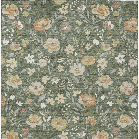 Green And Ivory Floral Washable Indoor Outdoor Area Rug Photo 3