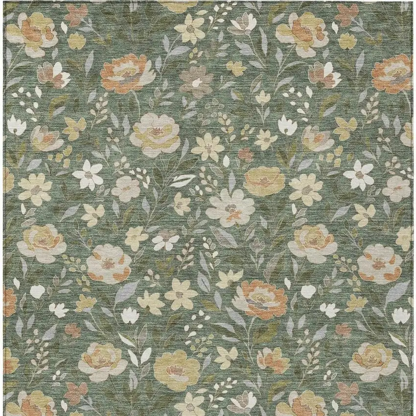 Green And Ivory Floral Washable Indoor Outdoor Area Rug Photo 3