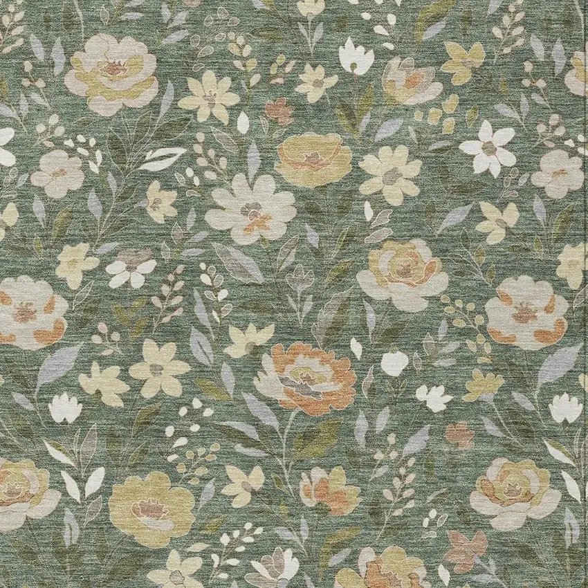 Green And Ivory Floral Washable Indoor Outdoor Area Rug Photo 2
