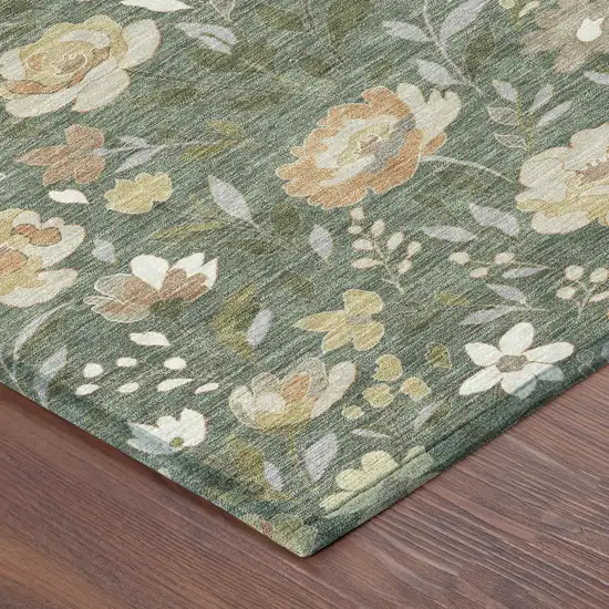Green And Ivory Floral Washable Indoor Outdoor Area Rug Photo 8
