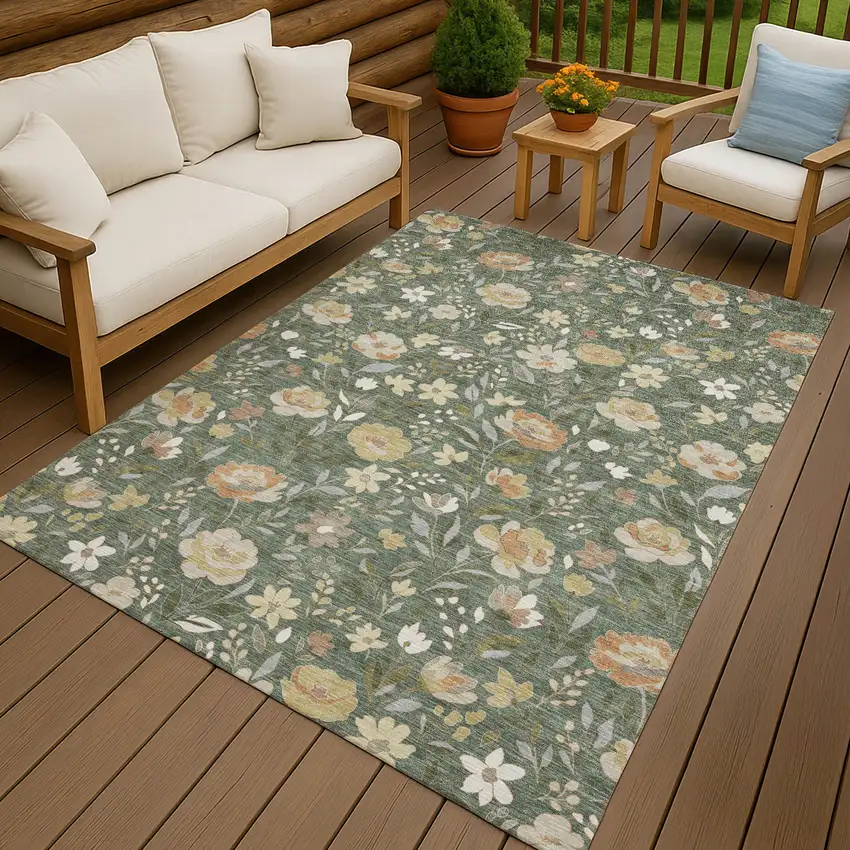 Green And Ivory Floral Washable Indoor Outdoor Area Rug Photo 4