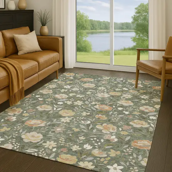 Green And Ivory Floral Washable Indoor Outdoor Area Rug Photo 5
