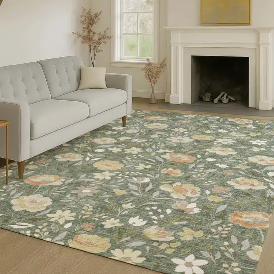 Green And Ivory Floral Washable Indoor Outdoor Area Rug Photo 6