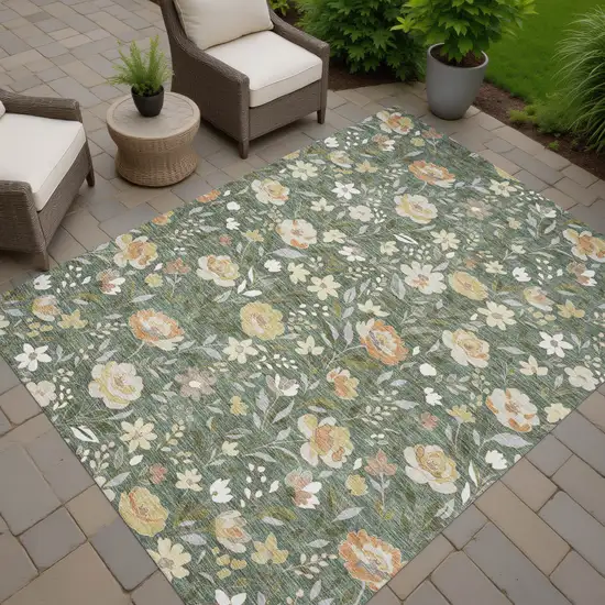 Green And Ivory Floral Washable Indoor Outdoor Area Rug Photo 7