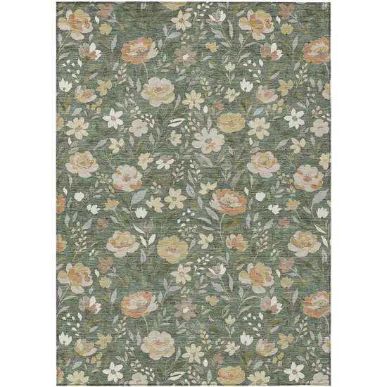 Green And Ivory Floral Washable Indoor Outdoor Area Rug Photo 1