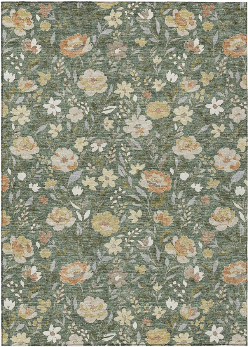 Green And Ivory Floral Washable Indoor Outdoor Area Rug Photo 1