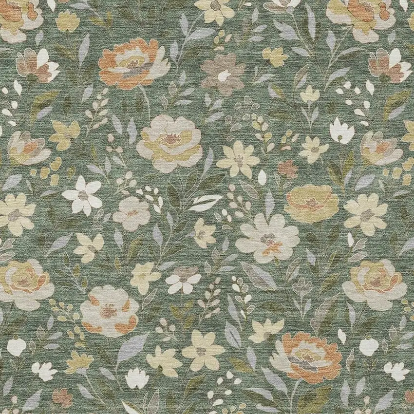 Green And Ivory Floral Washable Indoor Outdoor Area Rug Photo 2