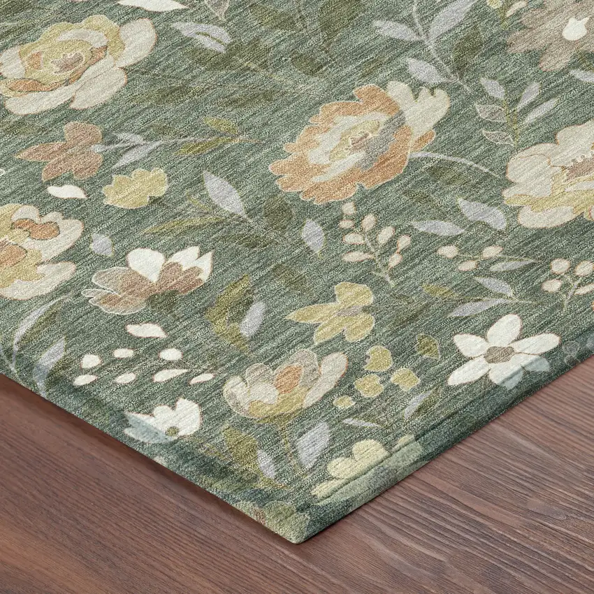 Green And Ivory Floral Washable Indoor Outdoor Area Rug Photo 8