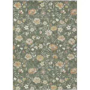 Photo of Green And Ivory Floral Washable Indoor Outdoor Area Rug