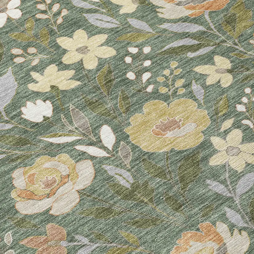Green And Ivory Floral Washable Indoor Outdoor Area Rug Photo 9