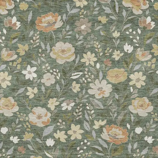 Green And Ivory Floral Washable Indoor Outdoor Area Rug Photo 2