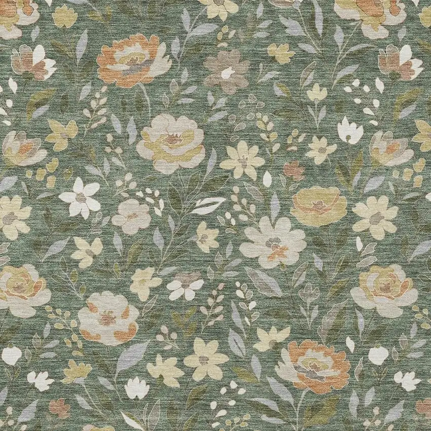 Green And Ivory Floral Washable Indoor Outdoor Area Rug Photo 2