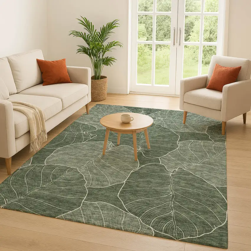 Green And Ivory Floral Washable Indoor Outdoor Area Rug Photo 5