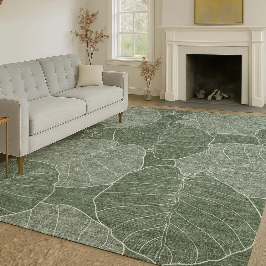 Green And Ivory Floral Washable Indoor Outdoor Area Rug Photo 6