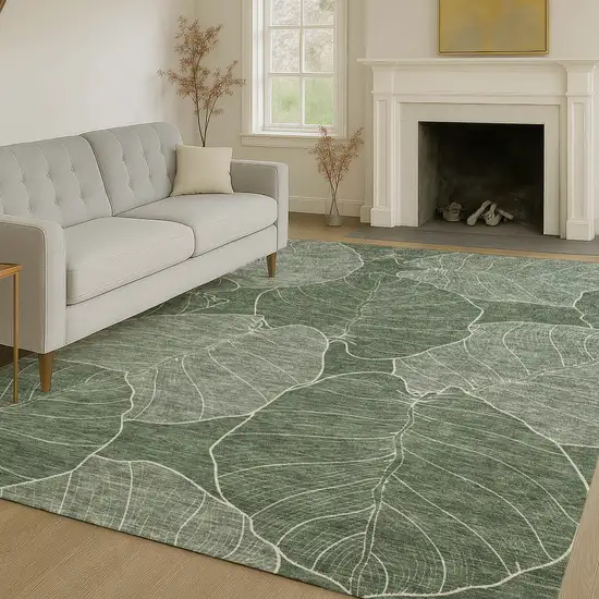 Green And Ivory Floral Washable Indoor Outdoor Area Rug Photo 6