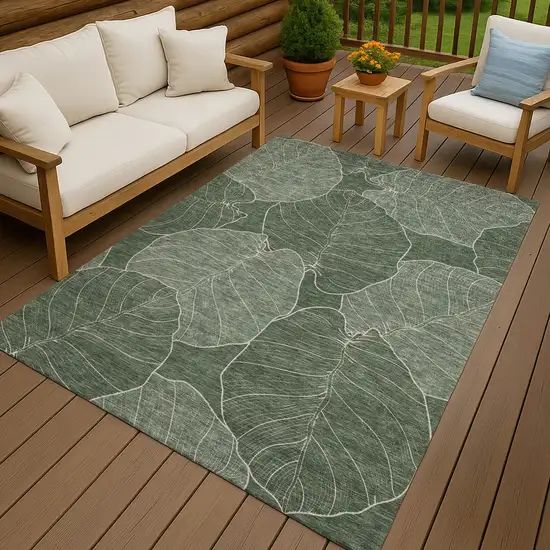 Green And Ivory Floral Washable Indoor Outdoor Area Rug Photo 7