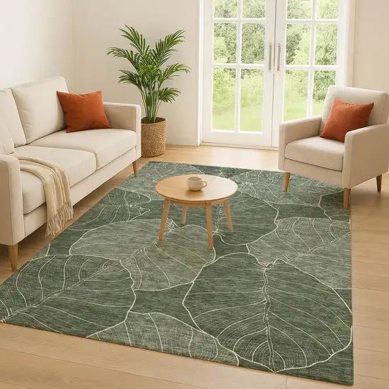 Green And Ivory Floral Washable Indoor Outdoor Area Rug Photo 5