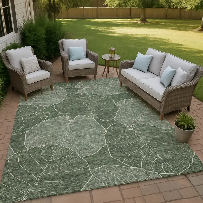 Green And Ivory Floral Washable Indoor Outdoor Area Rug Photo 4