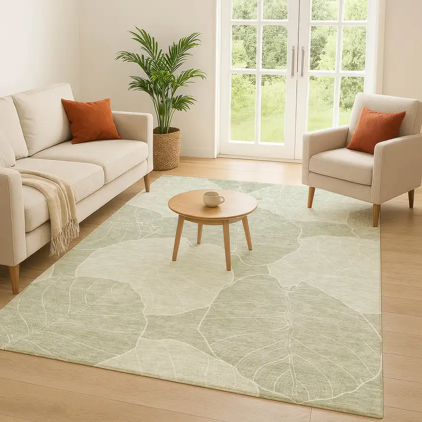 Green And Ivory Floral Washable Indoor Outdoor Area Rug Photo 5