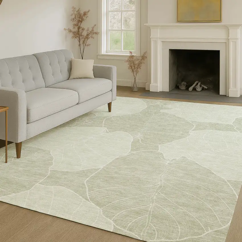 Green And Ivory Floral Washable Indoor Outdoor Area Rug Photo 6