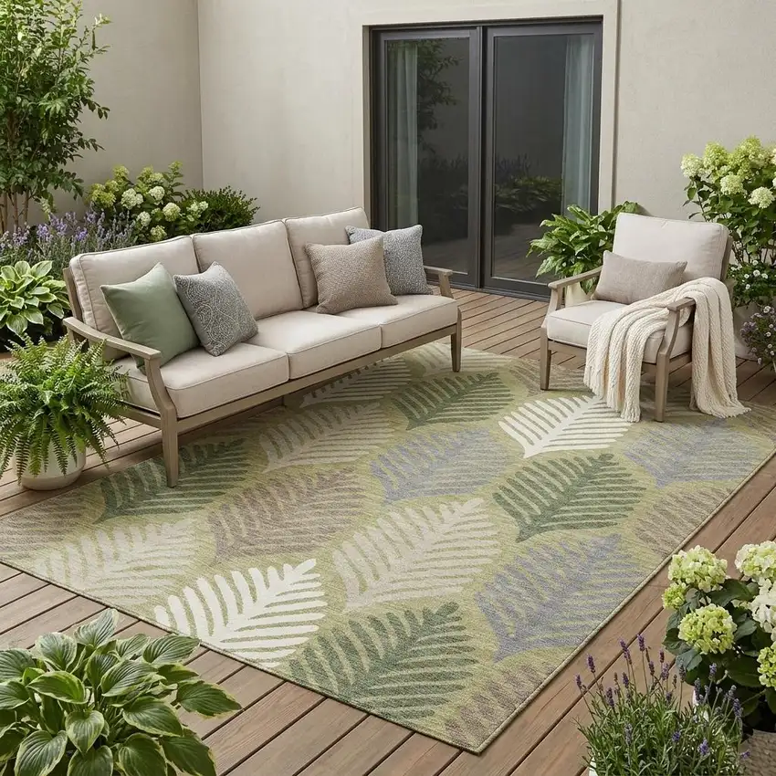 Green And Ivory Floral Washable Indoor Outdoor Area Rug Photo 1