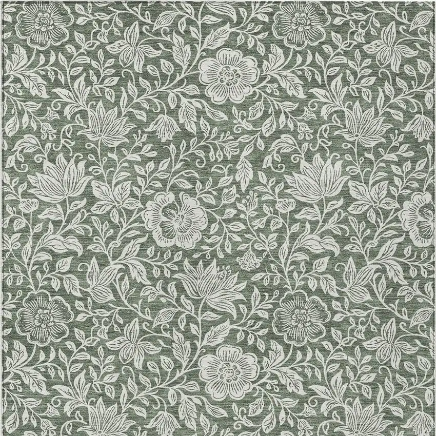Green And Ivory Floral Washable Indoor Outdoor Area Rug Photo 3