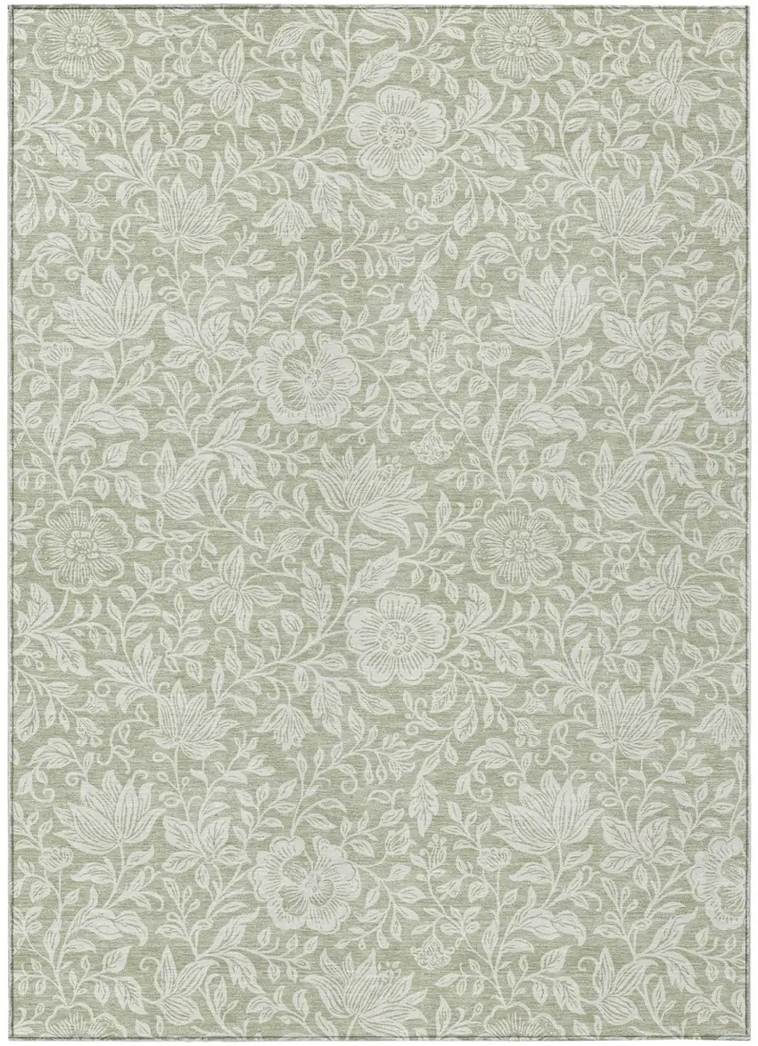 Green And Ivory Floral Washable Indoor Outdoor Area Rug Photo 1