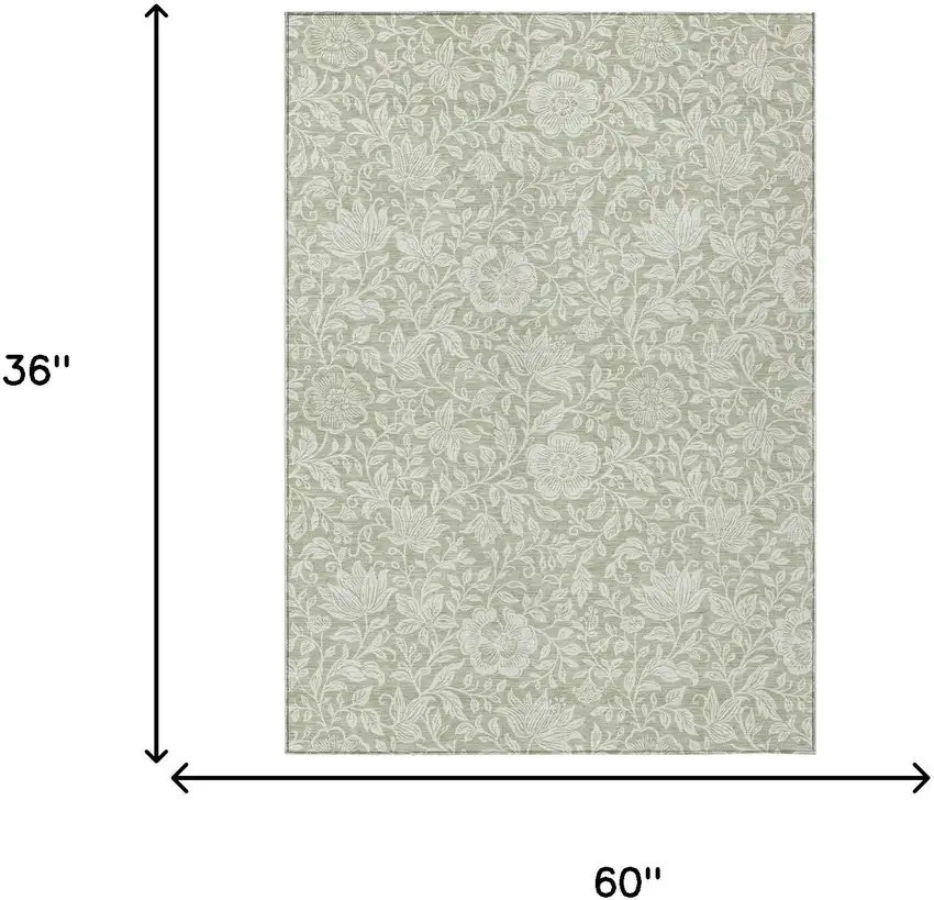 Green And Ivory Floral Washable Indoor Outdoor Area Rug Photo 6