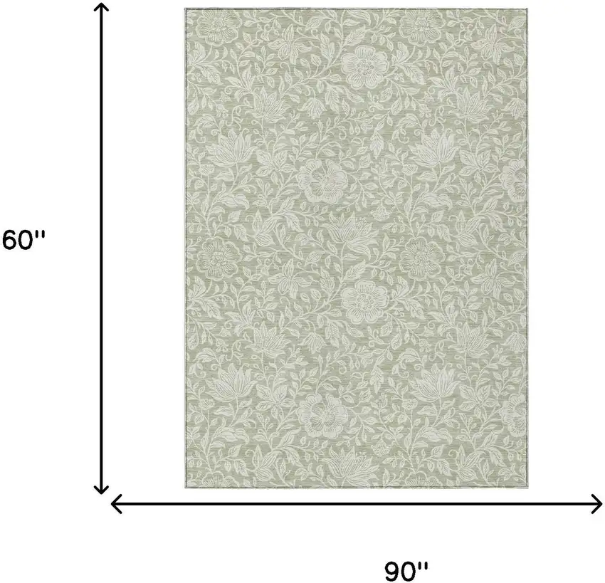 Green And Ivory Floral Washable Indoor Outdoor Area Rug Photo 6