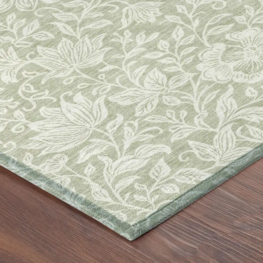 Green And Ivory Floral Washable Indoor Outdoor Area Rug Photo 4