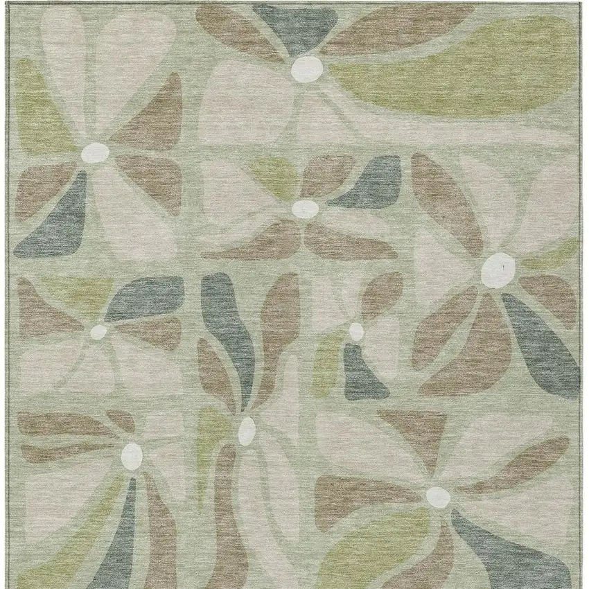 Green And Ivory Floral Washable Indoor Outdoor Area Rug Photo 3