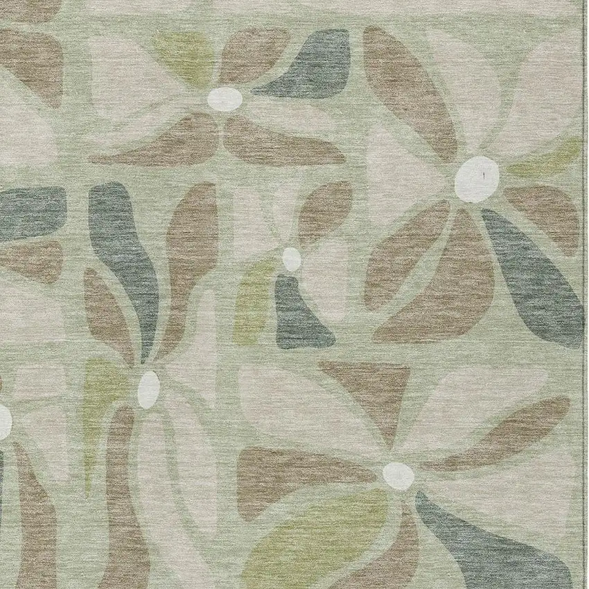 Green And Ivory Floral Washable Indoor Outdoor Area Rug Photo 2