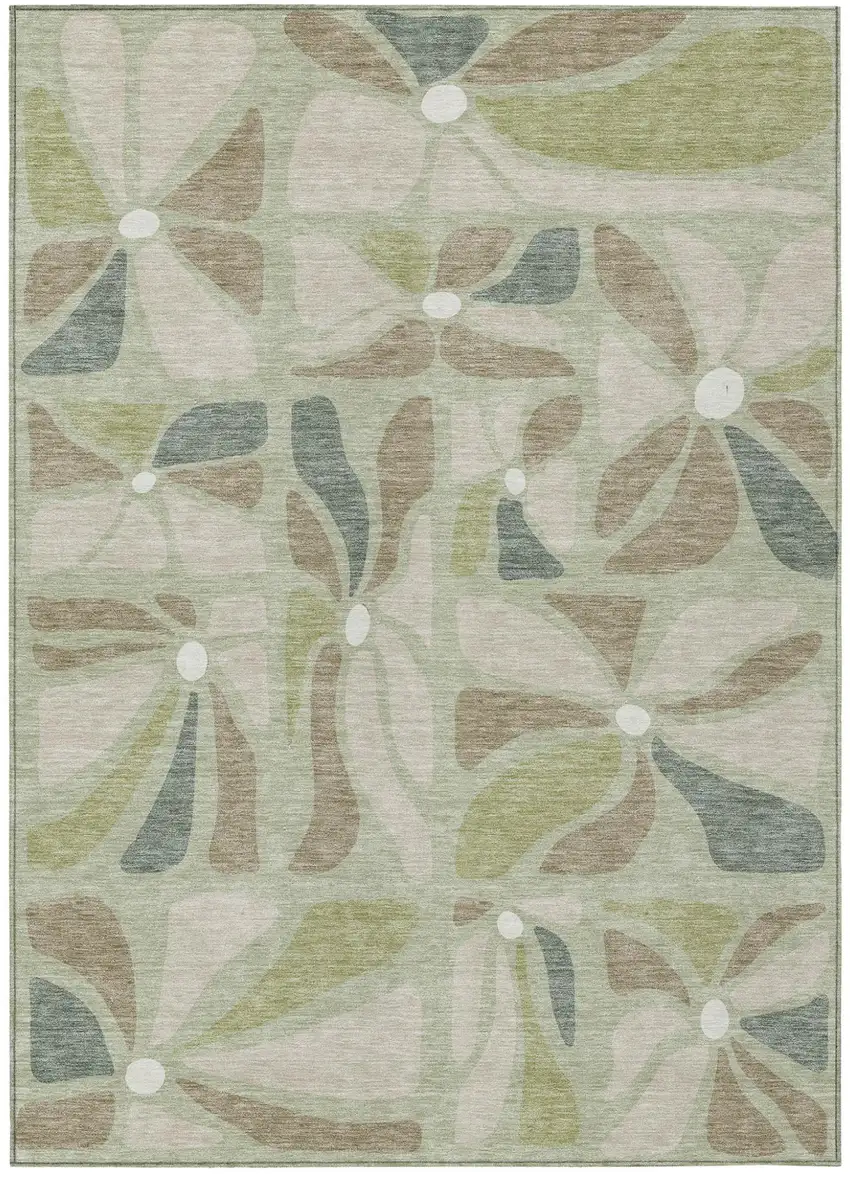 Green And Ivory Floral Washable Indoor Outdoor Area Rug Photo 1