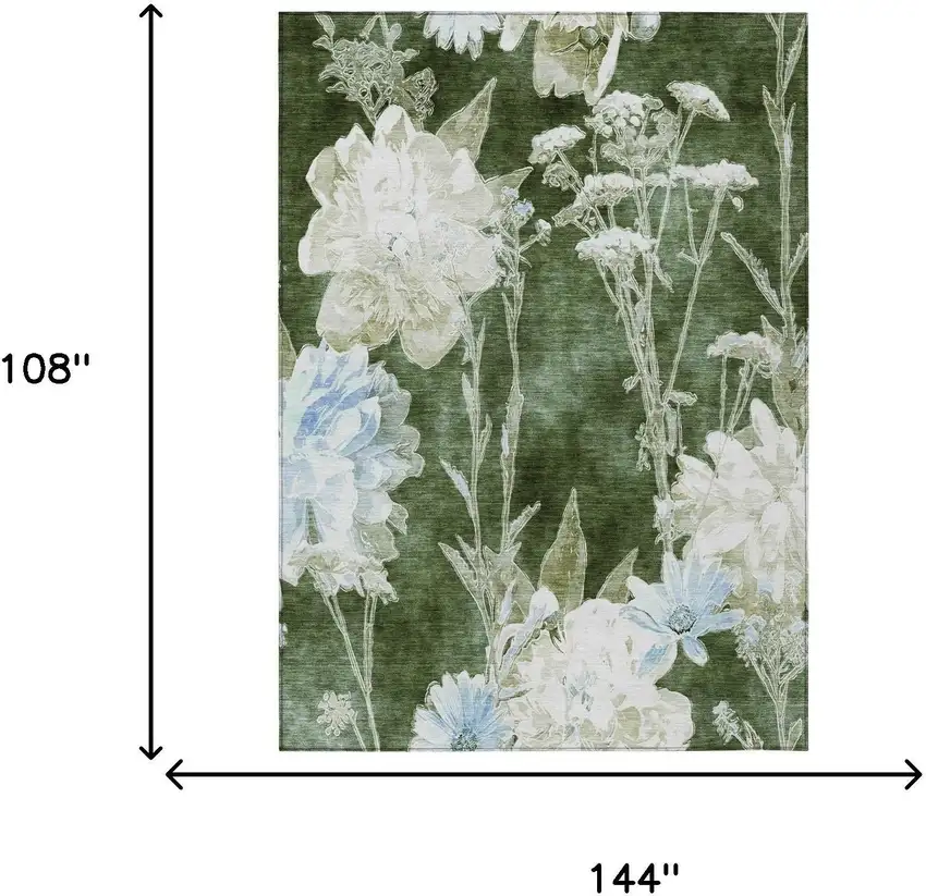 Green And Ivory Floral Washable Indoor Outdoor Area Rug Photo 5