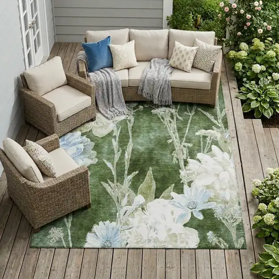 Green And Ivory Floral Washable Indoor Outdoor Area Rug Photo 1