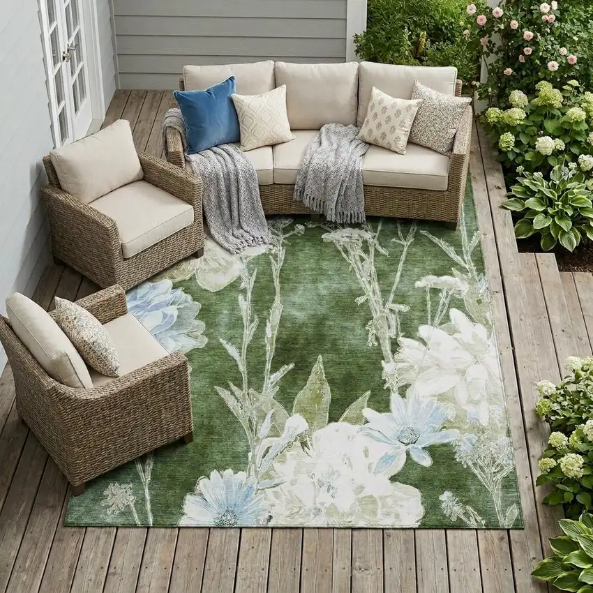 Green And Ivory Floral Washable Indoor Outdoor Area Rug Photo 1