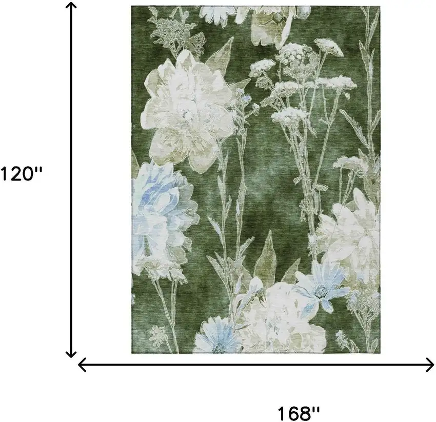 Green And Ivory Floral Washable Indoor Outdoor Area Rug Photo 5