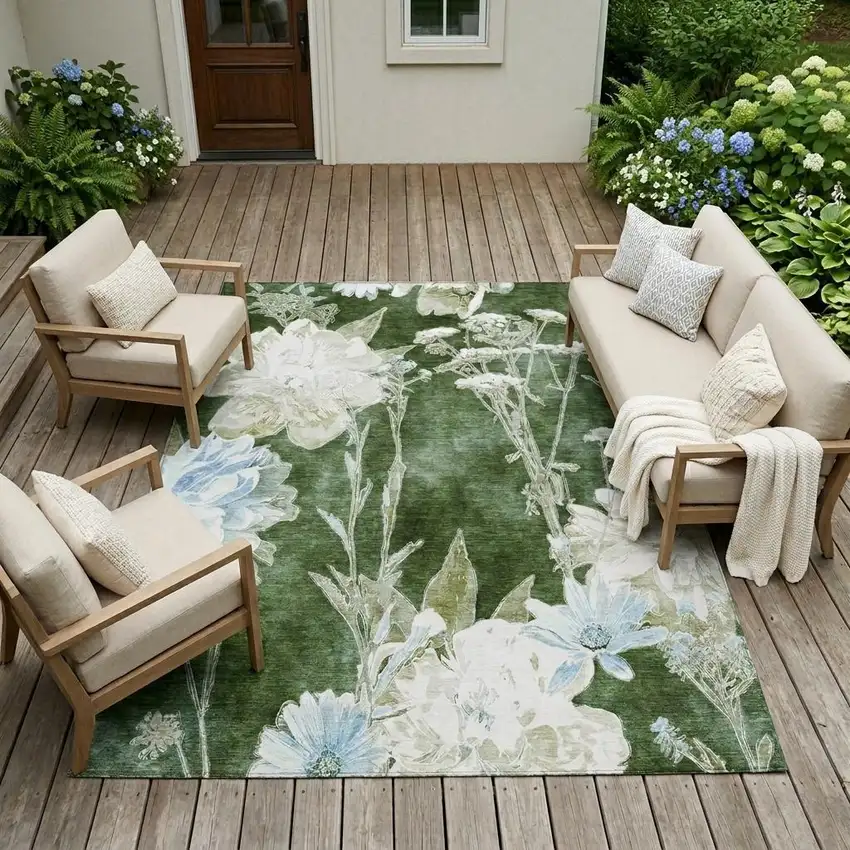 Green And Ivory Floral Washable Indoor Outdoor Area Rug Photo 1