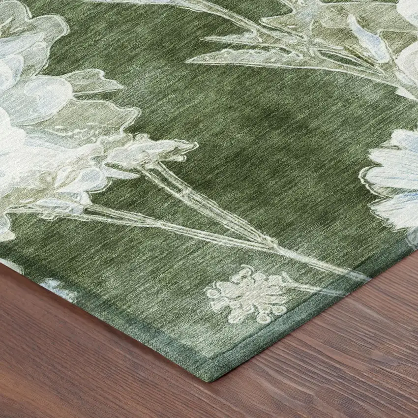 Green And Ivory Floral Washable Indoor Outdoor Area Rug Photo 3