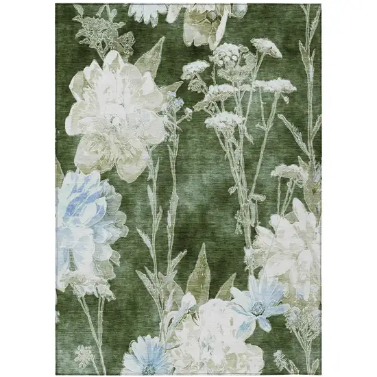 Green And Ivory Floral Washable Indoor Outdoor Area Rug Photo 2