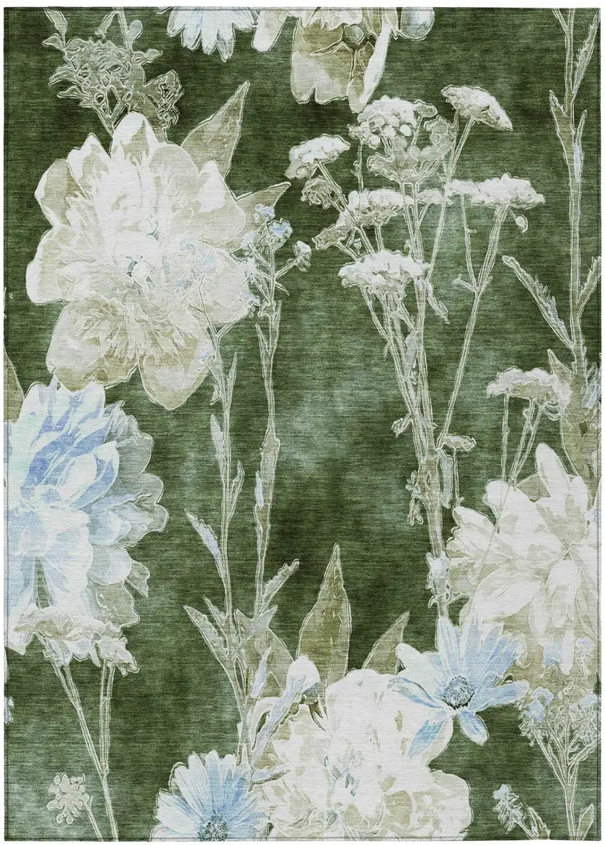 Green And Ivory Floral Washable Indoor Outdoor Area Rug Photo 2