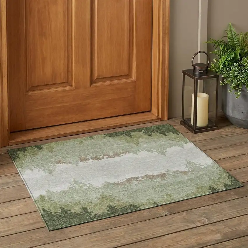 Green And Ivory Floral Washable Indoor Outdoor Area Rug Photo 1
